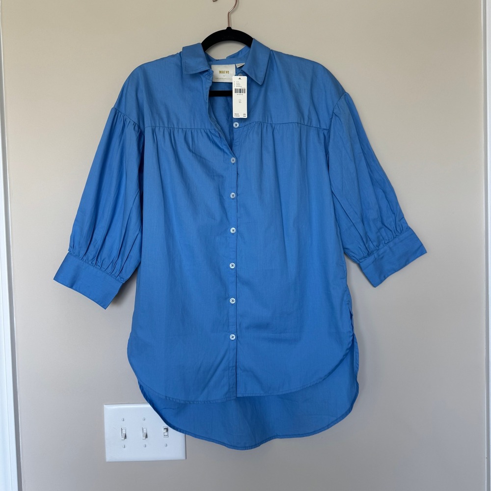 NWT Maeve Anthropologie Blue Poplin Button Up Shirt High Low Hem Office Work XS